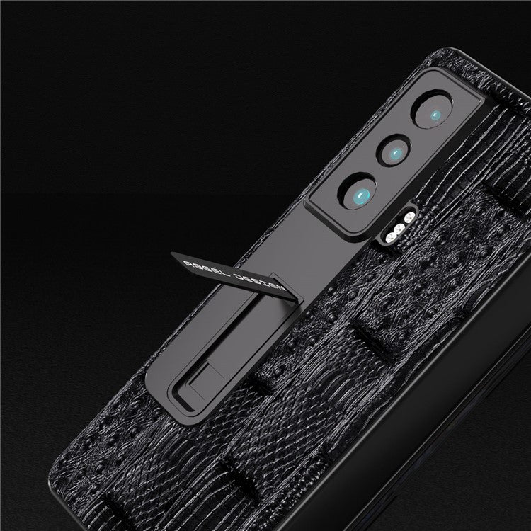 ABEEL For Honor Magic Vs 5G Genuine Cow Leather+PC Phone Case Mahjong Texture Kickstand Cover with Tempered Glass Film - Black