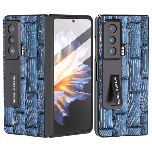 ABEEL For Honor Magic Vs 5G Genuine Cow Leather+PC Phone Case Mahjong Texture Kickstand Cover with Tempered Glass Film - Blue