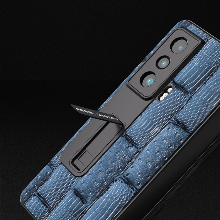 ABEEL For Honor Magic Vs 5G Genuine Cow Leather+PC Phone Case Mahjong Texture Kickstand Cover with Tempered Glass Film - Blue