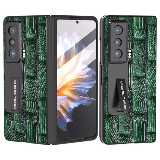 ABEEL For Honor Magic Vs 5G Genuine Cow Leather+PC Phone Case Mahjong Texture Kickstand Cover with Tempered Glass Film - Green