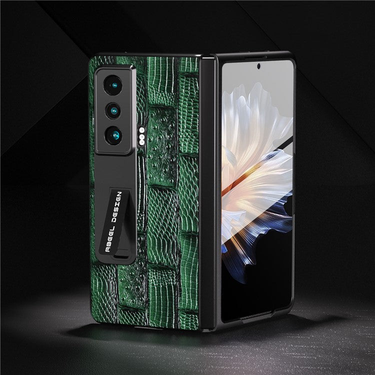 ABEEL For Honor Magic Vs 5G Genuine Cow Leather+PC Phone Case Mahjong Texture Kickstand Cover with Tempered Glass Film - Green