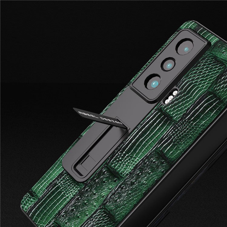 ABEEL For Honor Magic Vs 5G Genuine Cow Leather+PC Phone Case Mahjong Texture Kickstand Cover with Tempered Glass Film - Green