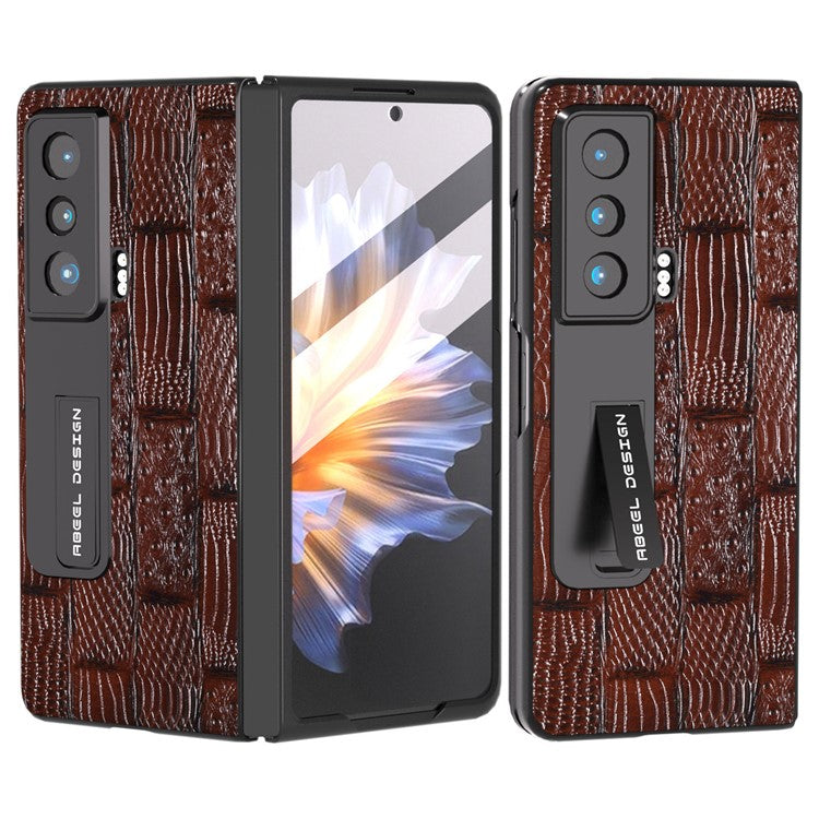 ABEEL For Honor Magic Vs 5G Genuine Cow Leather+PC Phone Case Mahjong Texture Kickstand Cover with Tempered Glass Film - Brown