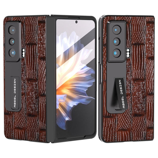 ABEEL For Honor Magic Vs 5G Genuine Cow Leather+PC Phone Case Mahjong Texture Kickstand Cover with Tempered Glass Film - Brown
