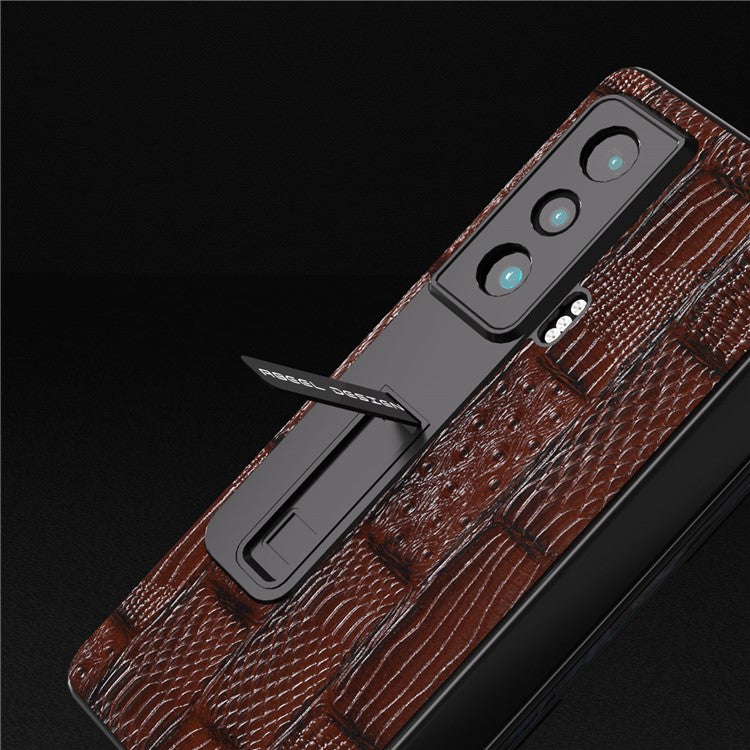 ABEEL For Honor Magic Vs 5G Genuine Cow Leather+PC Phone Case Mahjong Texture Kickstand Cover with Tempered Glass Film - Brown