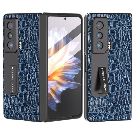 ABEEL For Honor Magic Vs 5G Genuine Cow Leather+PC Kickstand Cover Texture Shockproof Phone Case with Tempered Glass Film - Blue