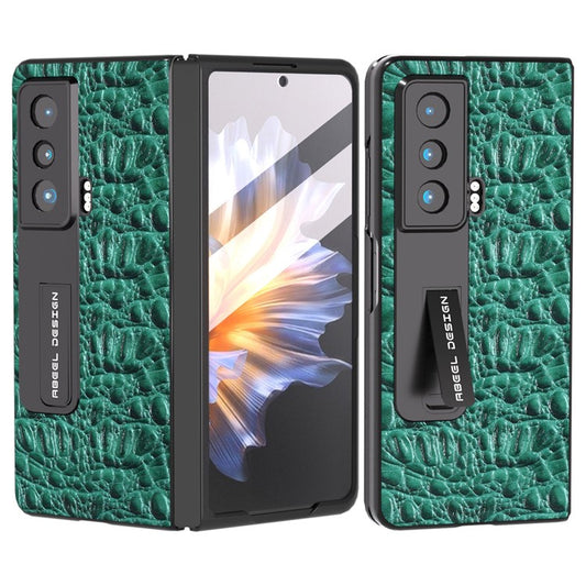 ABEEL For Honor Magic Vs 5G Genuine Cow Leather+PC Kickstand Cover Texture Shockproof Phone Case with Tempered Glass Film - Green