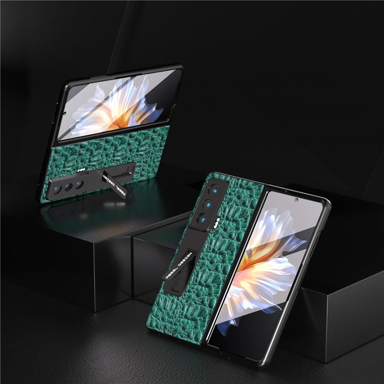 ABEEL For Honor Magic Vs 5G Genuine Cow Leather+PC Kickstand Cover Texture Shockproof Phone Case with Tempered Glass Film - Green