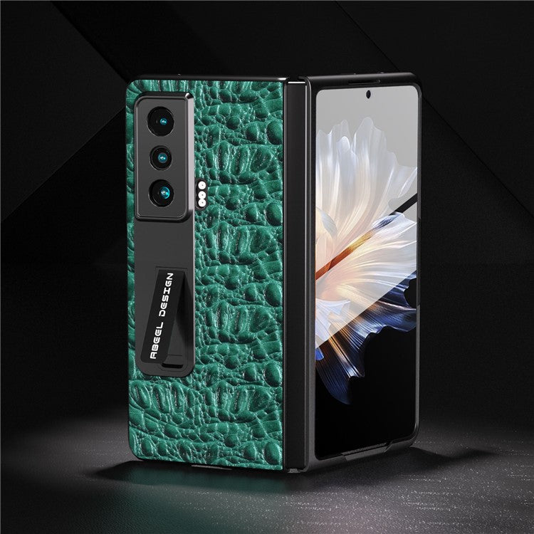 ABEEL For Honor Magic Vs 5G Genuine Cow Leather+PC Kickstand Cover Texture Shockproof Phone Case with Tempered Glass Film - Green