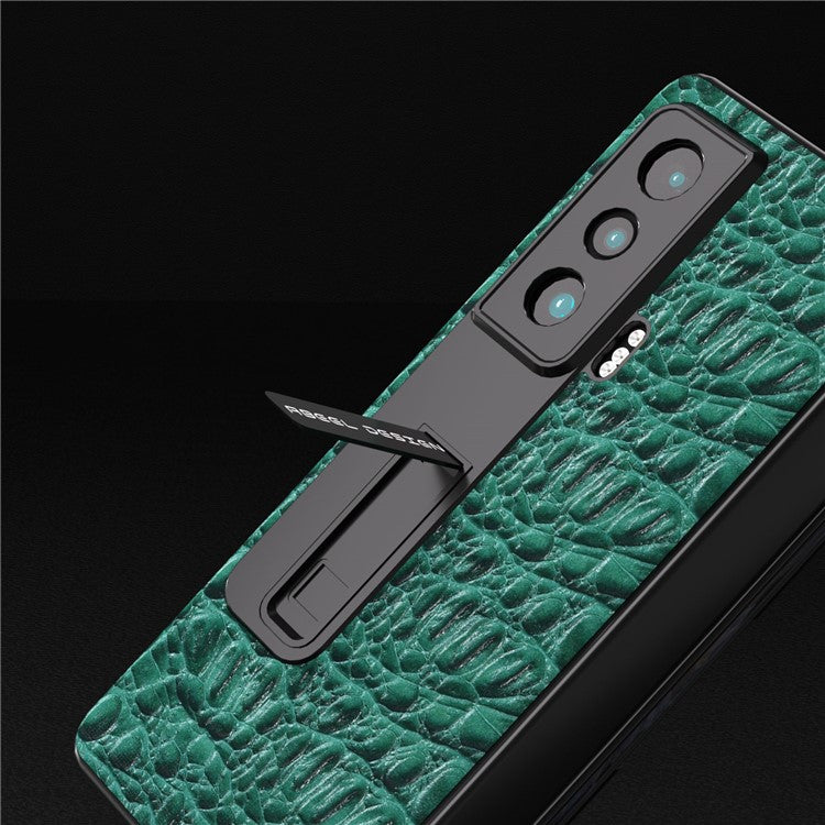 ABEEL For Honor Magic Vs 5G Genuine Cow Leather+PC Kickstand Cover Texture Shockproof Phone Case with Tempered Glass Film - Green
