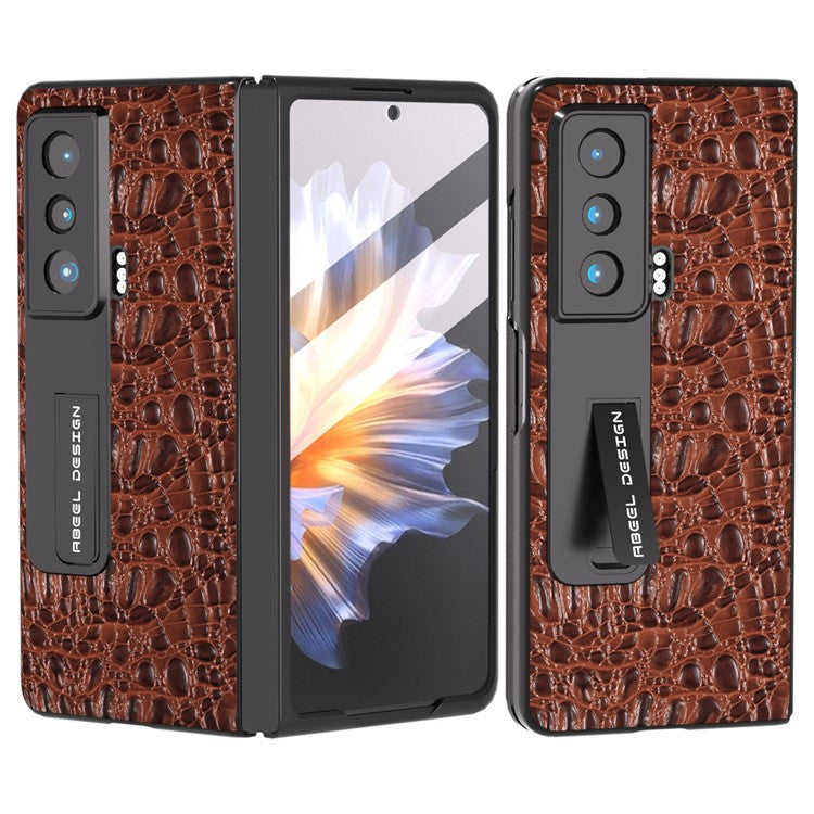 ABEEL For Honor Magic Vs 5G Genuine Cow Leather+PC Kickstand Cover Texture Shockproof Phone Case with Tempered Glass Film - Brown