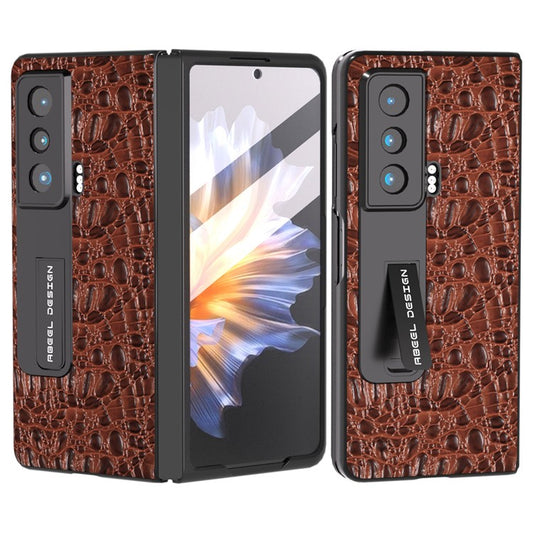 ABEEL For Honor Magic Vs 5G Genuine Cow Leather+PC Kickstand Cover Texture Shockproof Phone Case with Tempered Glass Film - Brown