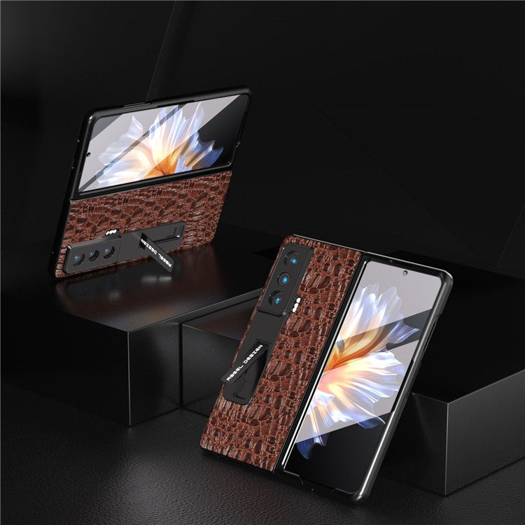 ABEEL For Honor Magic Vs 5G Genuine Cow Leather+PC Kickstand Cover Texture Shockproof Phone Case with Tempered Glass Film - Brown