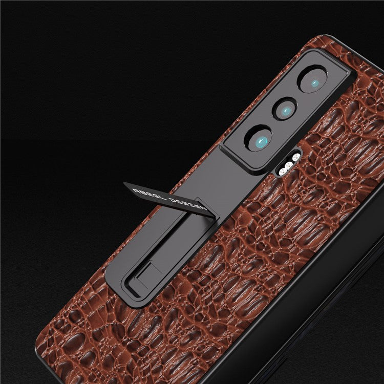 ABEEL For Honor Magic Vs 5G Genuine Cow Leather+PC Kickstand Cover Texture Shockproof Phone Case with Tempered Glass Film - Brown