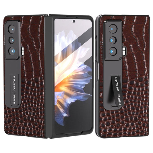 ABEEL For Honor Magic Vs 5G Crocodile Texture Kickstand Cover Genuine Cow Leather+PC Phone Case with Tempered Glass Film - Coffee
