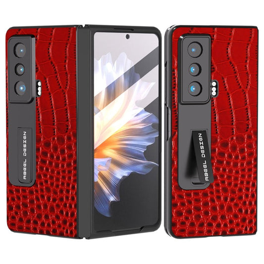 ABEEL For Honor Magic Vs 5G Crocodile Texture Kickstand Cover Genuine Cow Leather+PC Phone Case with Tempered Glass Film - Red
