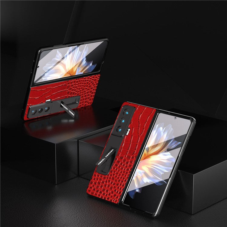 ABEEL For Honor Magic Vs 5G Crocodile Texture Kickstand Cover Genuine Cow Leather+PC Phone Case with Tempered Glass Film - Red