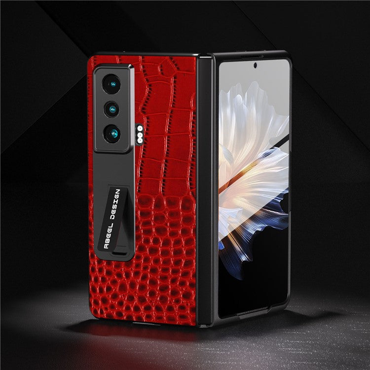 ABEEL For Honor Magic Vs 5G Crocodile Texture Kickstand Cover Genuine Cow Leather+PC Phone Case with Tempered Glass Film - Red