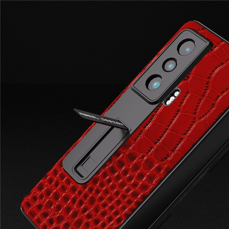 ABEEL For Honor Magic Vs 5G Crocodile Texture Kickstand Cover Genuine Cow Leather+PC Phone Case with Tempered Glass Film - Red