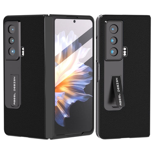 ABEEL For Honor Magic Vs 5G Genuine Cow Leather+PC Phone Case Kickstand Protective Cover with Tempered Glass Film - Black