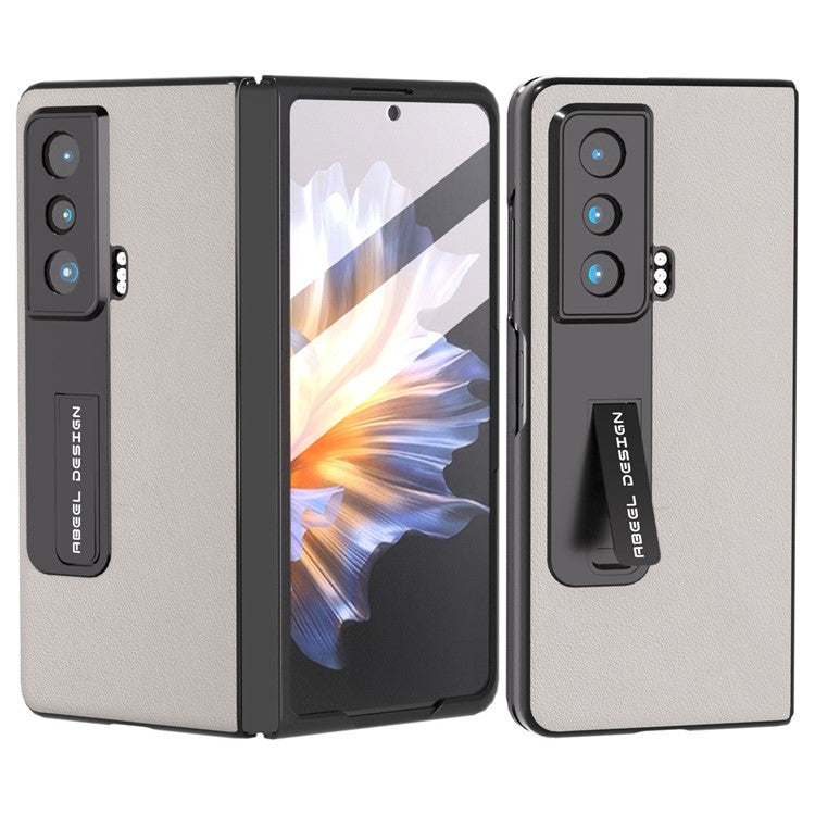 ABEEL For Honor Magic Vs 5G Genuine Cow Leather+PC Phone Case Kickstand Protective Cover with Tempered Glass Film - Grey