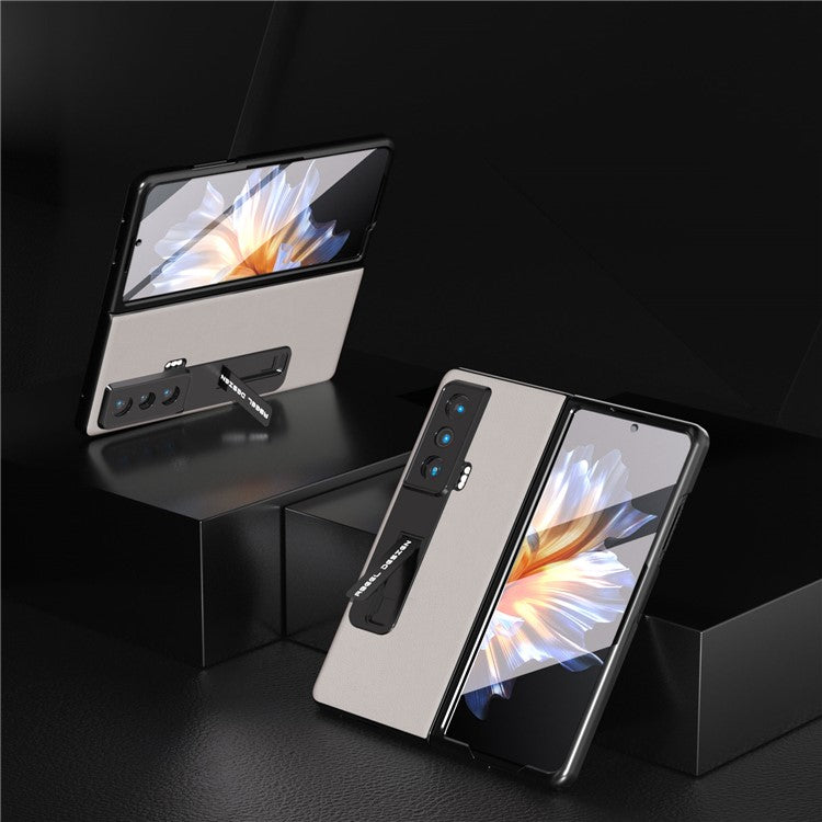 ABEEL For Honor Magic Vs 5G Genuine Cow Leather+PC Phone Case Kickstand Protective Cover with Tempered Glass Film - Grey