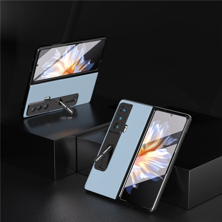ABEEL For Honor Magic Vs 5G Genuine Cow Leather+PC Phone Case Kickstand Protective Cover with Tempered Glass Film - Blue