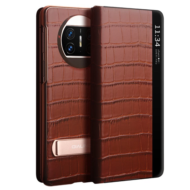 QIALINO For Huawei Mate X3 5G Genuine Cow Leather Case Magnetic Auto Wake / Sleep Anti-Drop Phone Cover with Kickstand - Brown