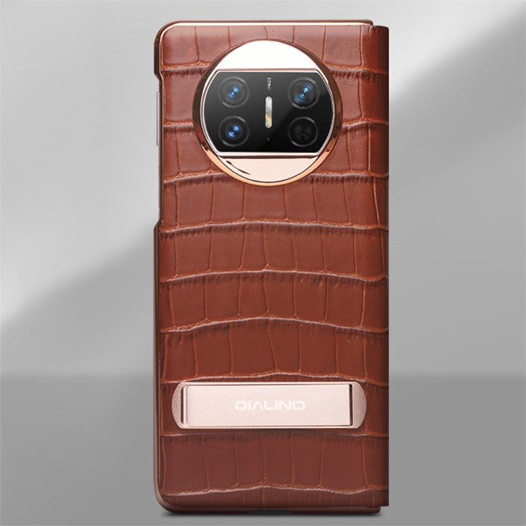QIALINO For Huawei Mate X3 5G Genuine Cow Leather Case Magnetic Auto Wake / Sleep Anti-Drop Phone Cover with Kickstand - Brown