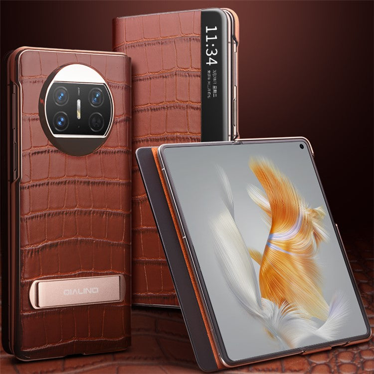 QIALINO For Huawei Mate X3 5G Genuine Cow Leather Case Magnetic Auto Wake / Sleep Anti-Drop Phone Cover with Kickstand - Brown