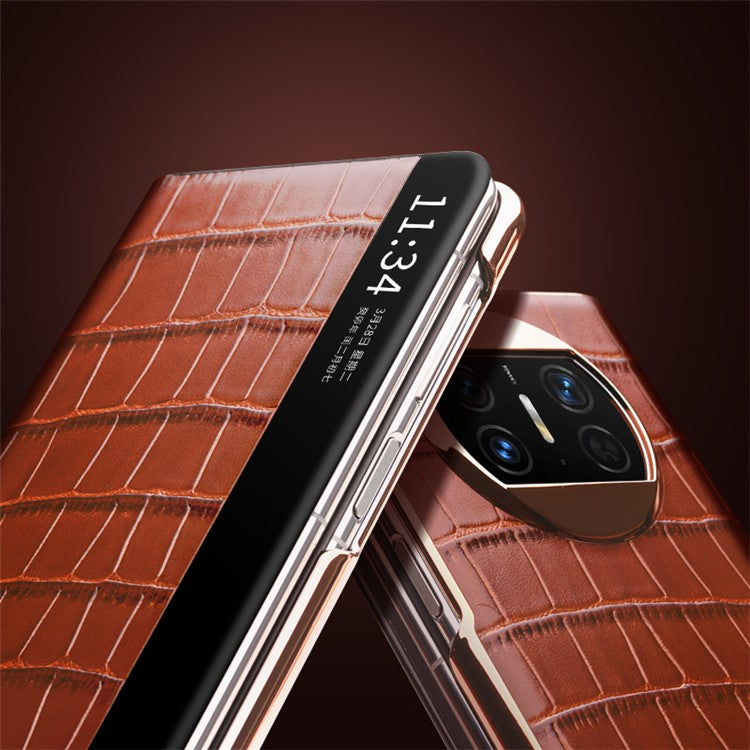QIALINO For Huawei Mate X3 5G Genuine Cow Leather Case Magnetic Auto Wake / Sleep Anti-Drop Phone Cover with Kickstand - Brown