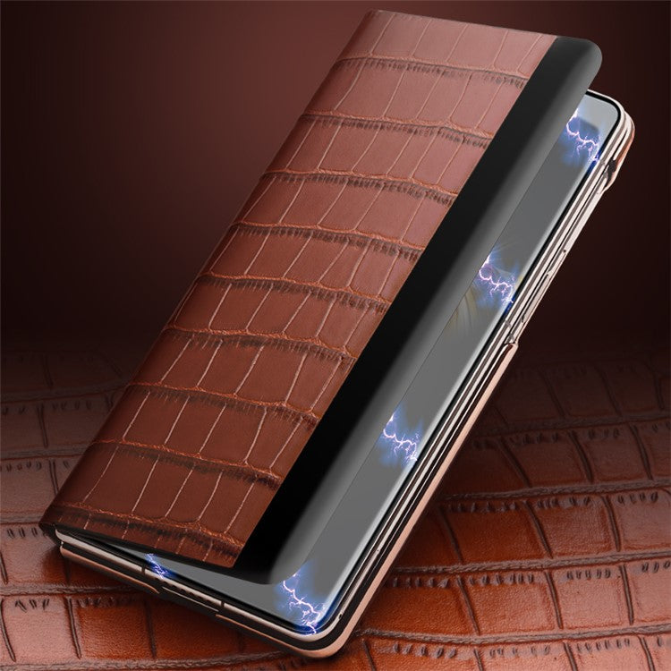 QIALINO For Huawei Mate X3 5G Genuine Cow Leather Case Magnetic Auto Wake / Sleep Anti-Drop Phone Cover with Kickstand - Brown