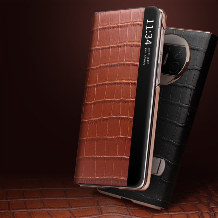 QIALINO For Huawei Mate X3 5G Genuine Cow Leather Case Magnetic Auto Wake / Sleep Anti-Drop Phone Cover with Kickstand - Brown