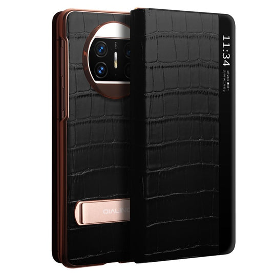 QIALINO For Huawei Mate X3 5G Genuine Cow Leather Case Magnetic Auto Wake / Sleep Anti-Drop Phone Cover with Kickstand - Black