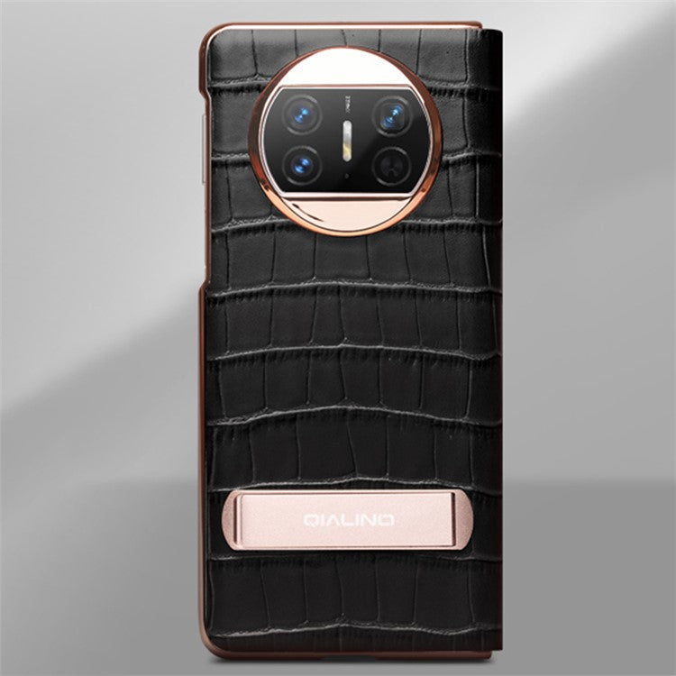 QIALINO For Huawei Mate X3 5G Genuine Cow Leather Case Magnetic Auto Wake / Sleep Anti-Drop Phone Cover with Kickstand - Black