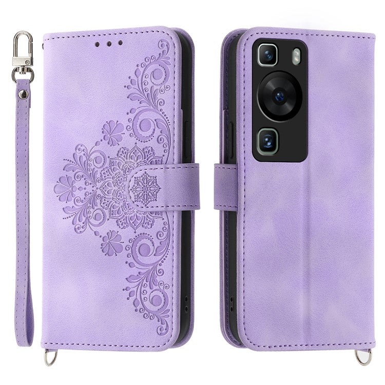 Wallet Phone Case for Huawei P60 / P60 Pro Shockproof Case Skin-Touch Imprinted Flower Leather Flip Cover with Strap - Light Purple