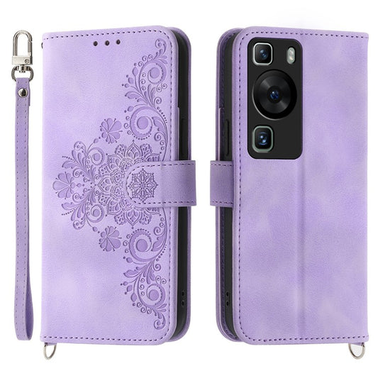 Wallet Phone Case for Huawei P60 / P60 Pro Shockproof Case Skin-Touch Imprinted Flower Leather Flip Cover with Strap - Light Purple