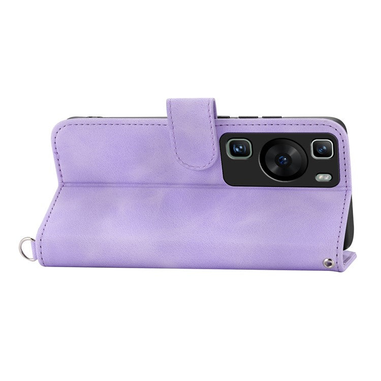 Wallet Phone Case for Huawei P60 / P60 Pro Shockproof Case Skin-Touch Imprinted Flower Leather Flip Cover with Strap - Light Purple
