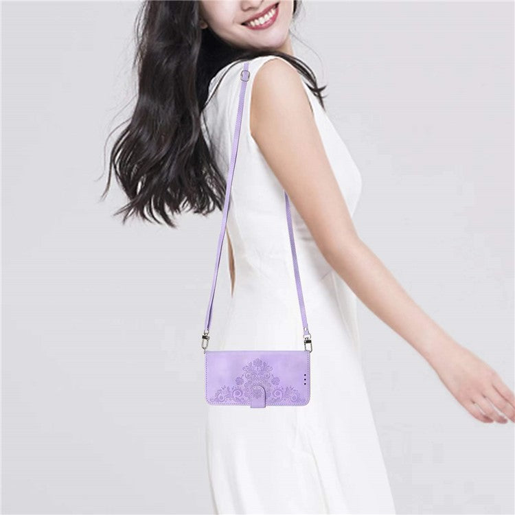 Wallet Phone Case for Huawei P60 / P60 Pro Shockproof Case Skin-Touch Imprinted Flower Leather Flip Cover with Strap - Light Purple