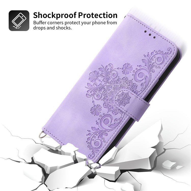 Wallet Phone Case for Huawei P60 / P60 Pro Shockproof Case Skin-Touch Imprinted Flower Leather Flip Cover with Strap - Light Purple