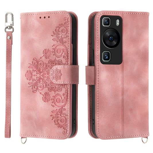 Wallet Phone Case for Huawei P60 / P60 Pro Shockproof Case Skin-Touch Imprinted Flower Leather Flip Cover with Strap - Pink