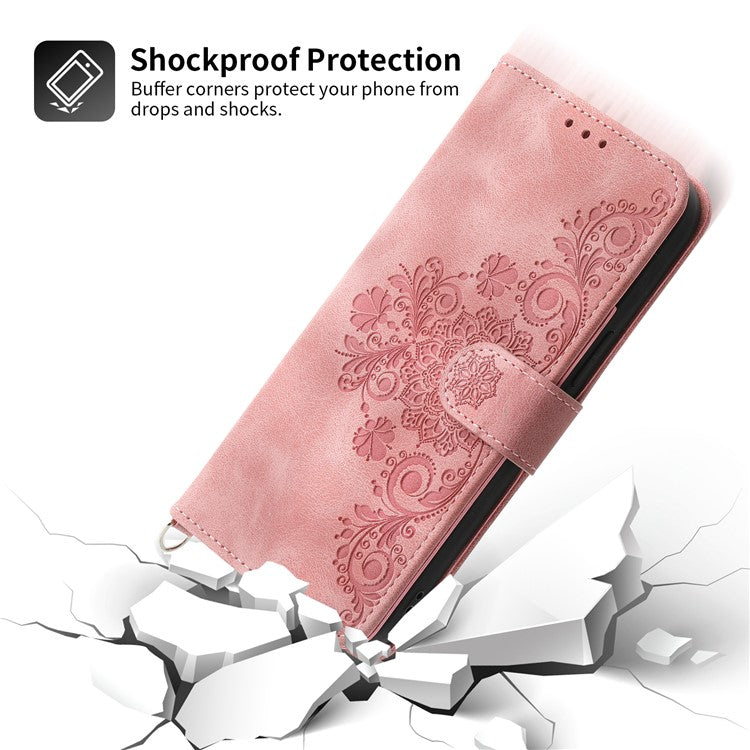 Wallet Phone Case for Huawei P60 / P60 Pro Shockproof Case Skin-Touch Imprinted Flower Leather Flip Cover with Strap - Pink