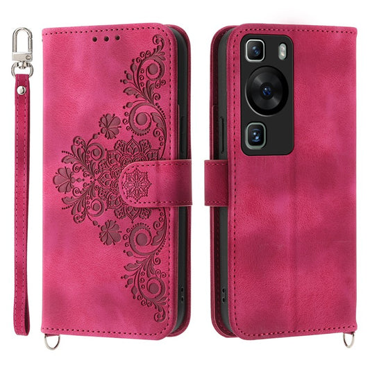Wallet Phone Case for Huawei P60 / P60 Pro Shockproof Case Skin-Touch Imprinted Flower Leather Flip Cover with Strap - Wine Red