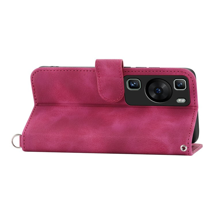 Wallet Phone Case for Huawei P60 / P60 Pro Shockproof Case Skin-Touch Imprinted Flower Leather Flip Cover with Strap - Wine Red
