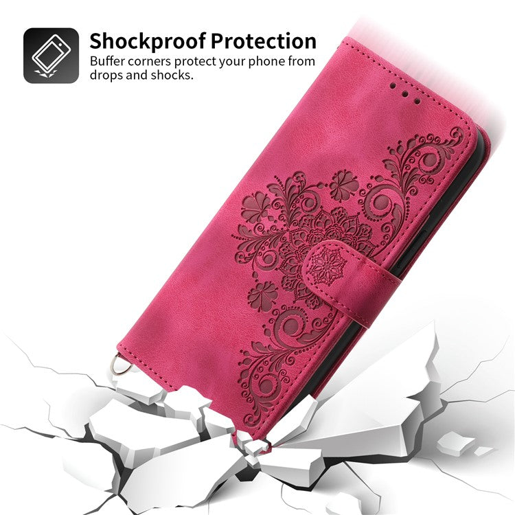 Wallet Phone Case for Huawei P60 / P60 Pro Shockproof Case Skin-Touch Imprinted Flower Leather Flip Cover with Strap - Wine Red
