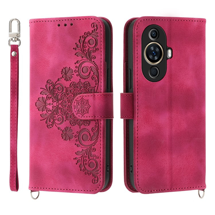 Phone Case for Huawei nova 11 / nova 12s 4G / nova 12 Lite 4G , Imprinted Flower Skin-Touch Feeling Leather Cover Wallet with Strap - Wine Red