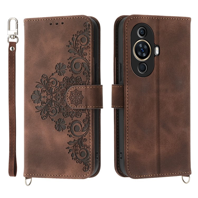Phone Case for Huawei nova 11 / nova 12s 4G / nova 12 Lite 4G , Imprinted Flower Skin-Touch Feeling Leather Cover Wallet with Strap - Brown
