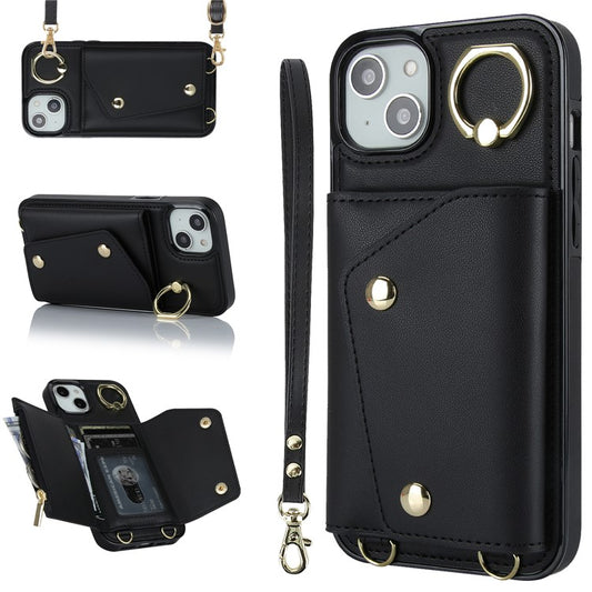 Ring Kickstand Case for iPhone 14 Plus Zipper Wallet PU Leather Coated TPU Mobile Phone Cover - Black