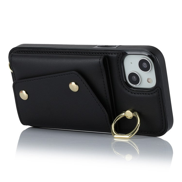 Ring Kickstand Case for iPhone 14 Plus Zipper Wallet PU Leather Coated TPU Mobile Phone Cover - Black