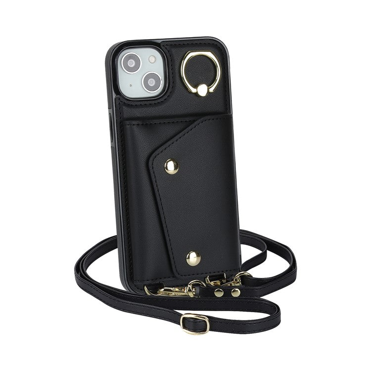 Ring Kickstand Case for iPhone 14 Plus Zipper Wallet PU Leather Coated TPU Mobile Phone Cover - Black